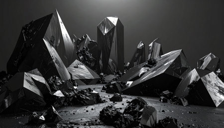 Stark black crystalline peaks rise from a desolate, rocky terrain under a dark sky.の素材