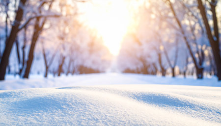 A sunlit winter park scene with snow-covered trees and soft, undulating snowdrifts in the foreground.の素材