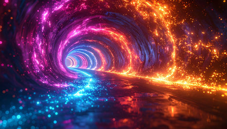 A swirling cosmic tunnel with vibrant pink and orange energy streaks and glowing particles.の素材