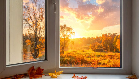 A vibrant autumn sunset viewed through a rain-streaked window with fallen leaves. Clear details and vibrant colors en...の素材