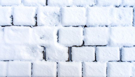 Detailed overhead view of square paving stones covered in snow, arranged in a uniform grid.の素材