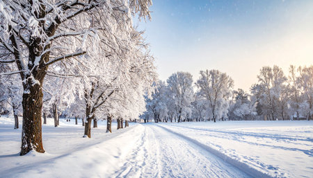 A sunny winter park features snow-covered trees and a path with gentle snowfall. Clear details and vibrant colors enh...の素材