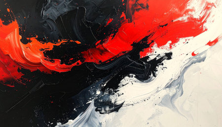 Flowing red black and white paint creates a textured abstract painting with a dramatic and energetic feelの素材