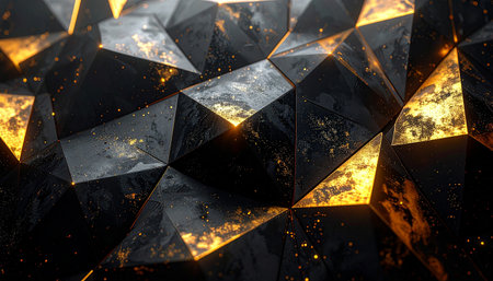 A detailed view of a dark, faceted surface with gold speckles and highlights. Clear details and vibrant colors enhanc...の素材