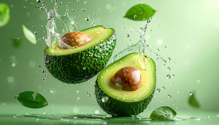 Two halves of a ripe avocado with visible pits and green flesh, suspended mid-air with water splashes and droplets.の素材