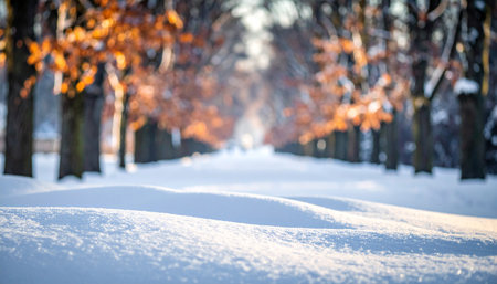 A snowy park pathway lined with trees displaying warm autumn foliage under winter sunlight.の素材