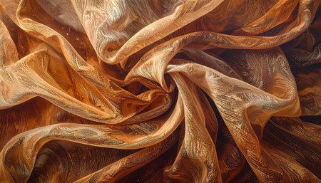 Swirling golden brown sheer fabric with an intricate pattern and soft folds creates a luxurious textured background.の素材
