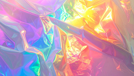 A textured, crumpled surface of holographic iridescent material exhibits soft rainbow light and subtle shadows.の素材