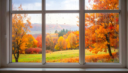 A vibrant autumn forest with colorful trees and green fields seen through a multi-pane window with raindrops.の素材