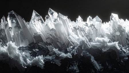 Macro view of towering ice crystals with sharp facets and frosted bases against a dark background.の素材