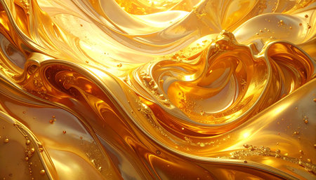 Swirling molten gold with intricate textures and bright light reflections creating a luxurious abstract background.の素材