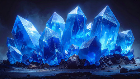 A dense cluster of vibrant blue crystals emits a soft internal glow against a dark, smoky background.の素材