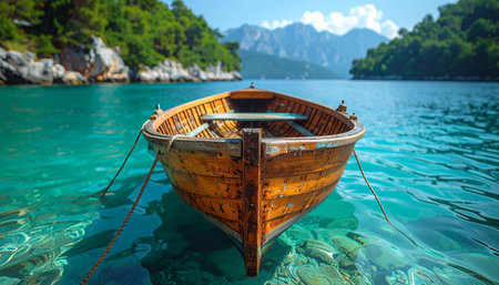 A weathered wooden rowboat floats on crystal clear turquoise water near a rocky shore.の素材