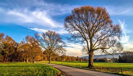 A winding road through green fields with bare trees and wispy clouds in the autumn sky.の素材