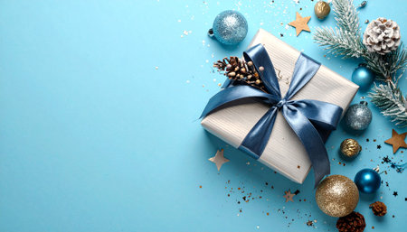 A beige gift box with a blue ribbon and pine sprig is decorated with ornaments and confetti.の素材
