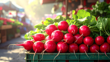 A close-up view of bright red radishes with green leaves and thin roots in a green plastic crate at a market.の素材