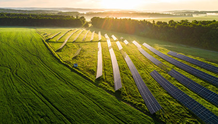 Aerial view of a solar farm in a green field at sunrise, with a misty forest in the background.の素材
