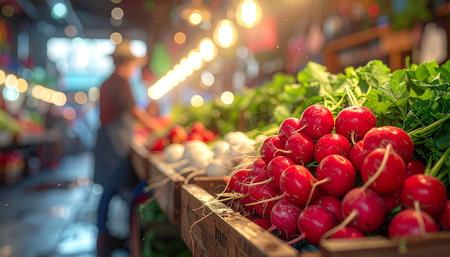 Close-up of radishes and onions at a market stall with a blurred vendor and string lights in background.の素材