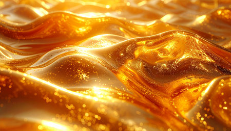 Smooth golden liquid surface with subtle ripples and sparkling light creating a luxurious, abstract background.の素材