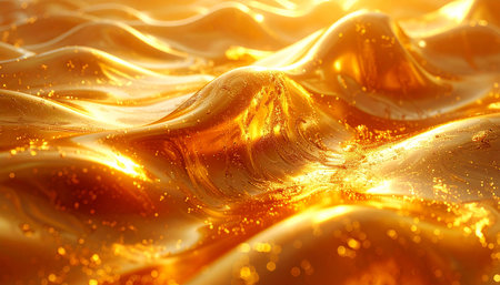 A close-up of a rippling golden liquid surface with bright highlights and scattered glitter.の素材