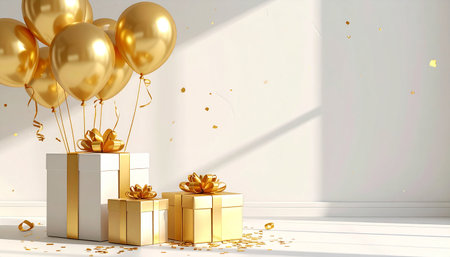 White and gold gift boxes are arranged with golden balloons and scattered confetti in a bright setting.の素材