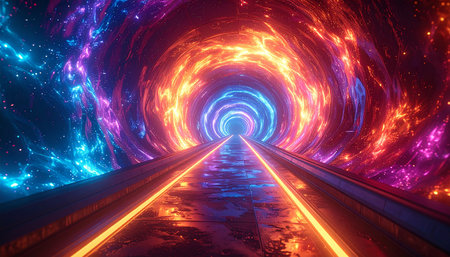 A long cosmic tunnel filled with swirling orange, pink, and blue nebula, reflecting on a wet surface.の素材