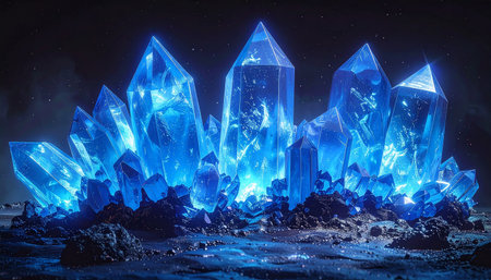 A cluster of bright blue crystals emits light on dark, rough terrain with subtle mist.の素材
