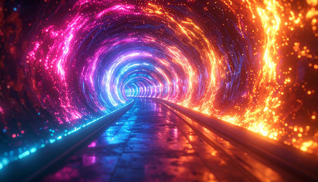 A futuristic neon tunnel with swirling fiery orange and electric blue hues, glowing particles, and reflections.の素材