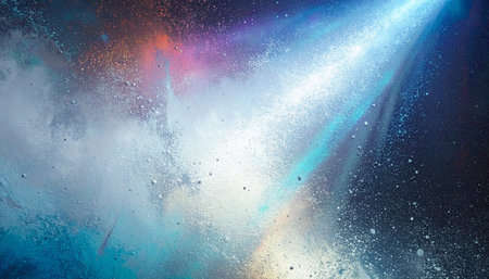 Abstract cosmic explosion of bright blue, white, and orange light with a speckled texture against a dark background.の素材