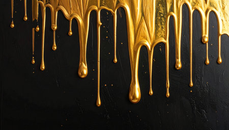 Abstract gold liquid drips with fine speckles are featured against a textured dark background.の素材