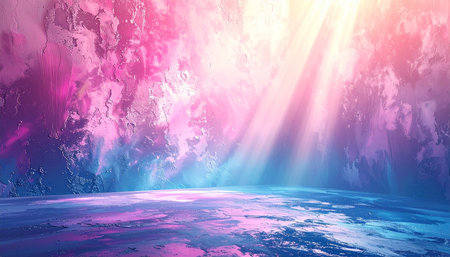 Abstract textured room with pink blue and yellow light rays and a reflective surface.の素材