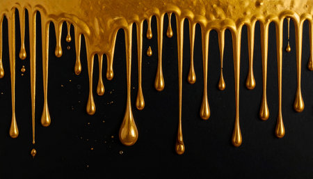 Numerous golden liquid paint drips flow down a dark textured surface, creating a rich pattern.の素材