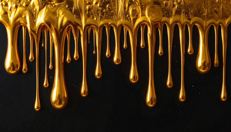 Abundant gold paint dripping in viscous strands on a dark black textured surface, creating a rich effect.の素材
