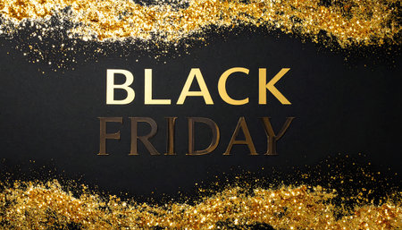 Golden text "BLACK FRIDAY" on a black background with borders of gold glitter and sparkles.の素材