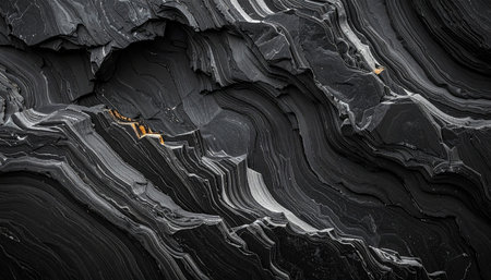 Abstract close-up of dark grey layered rock with visible strata and golden mineral veins.の素材