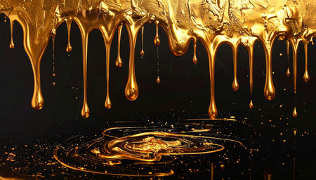 Dripping gold liquid with dynamic splashes creating an abstract pattern on a dark textured surface.の素材