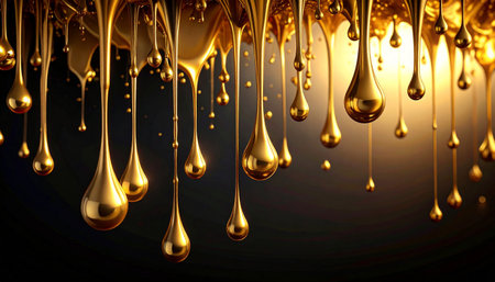 Dripping golden liquid with soft light reflections on a dark background creating a luxurious abstract effectの素材