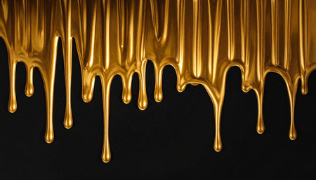 A dense stream of molten gold liquid drips down a dark textured surface, creating a luxurious abstract background.の素材