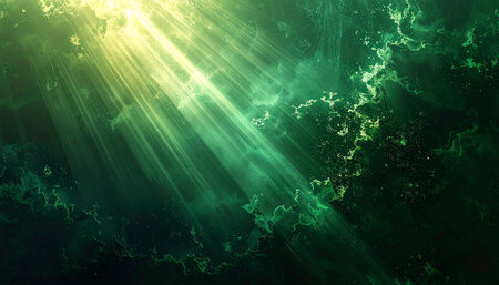 Diagonal yellow sunbeams cut through green, ethereal, and textured cloud formations in a dramatic scene.の素材