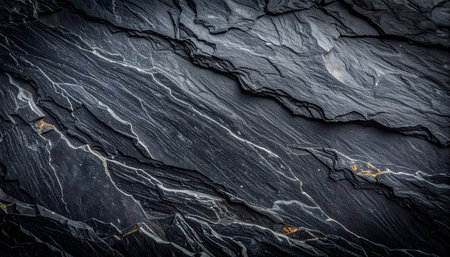 Close-up of dark grey slate rock featuring layered texture and striking white and golden mineral veins.の素材
