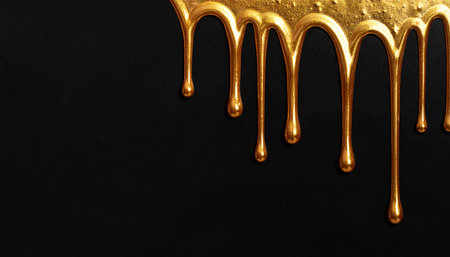 Dripping gold liquid paint on a dark textured background with ample copy space for design elements.の素材