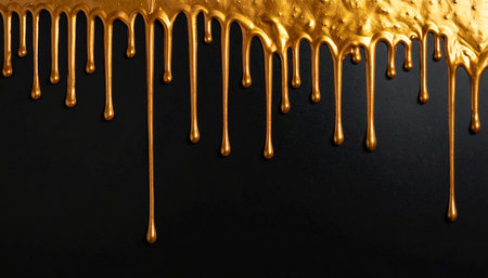 Golden liquid paint drips and streaks across a dark textured surface creating an opulent abstract design.の素材