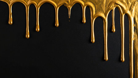 Dripping gold paint on a black background with ample copy space for design elementsの素材