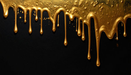 Molten gold liquid dripping and flowing against a dark black background creating an abstract texture.の素材