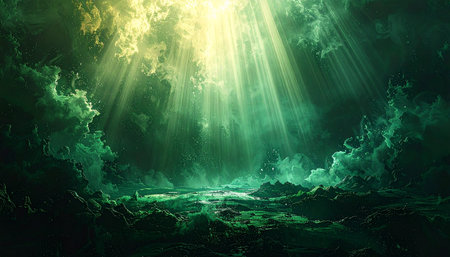 A mystical green landscape bathed in ethereal light beams filtering through dramatic clouds.の素材