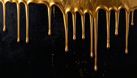 Molten gold paint drips and flows down a dark textured surface creating an abstract pattern.の素材