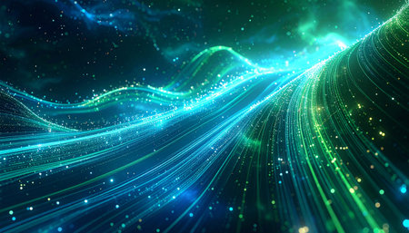 Flowing blue and green light streaks and particles create a dynamic abstract background in dark cosmic space.の素材