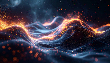Flowing abstract waves of luminous orange and blue particles are illuminated with soft bokeh lights.の素材