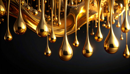 Viscous molten gold droplets suspended against a dark abstract background, creating a luxurious feel.の素材