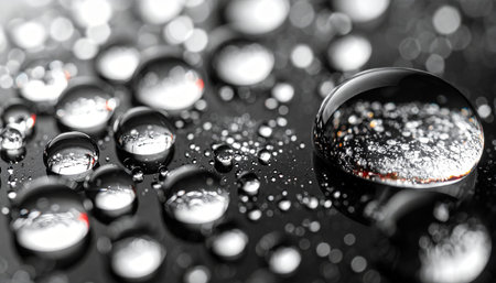 Detailed macro view of numerous clear water droplets on a dark textured surface with bright reflections.の素材